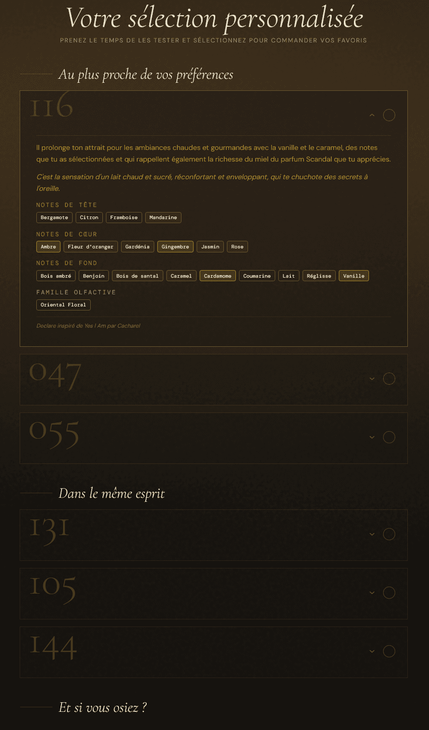 Aperçu de l'interface Nora sur tablette : recommandation d'un parfum avec sa pyramide olfactive.